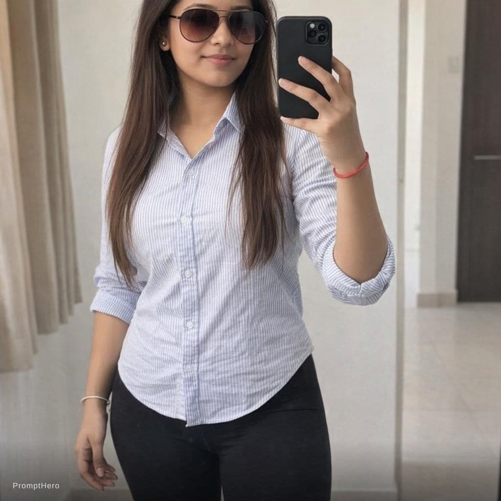 AI generated: the girl takes a photo with her phone of herself in the mirror, she has 24 years old, has straight b...