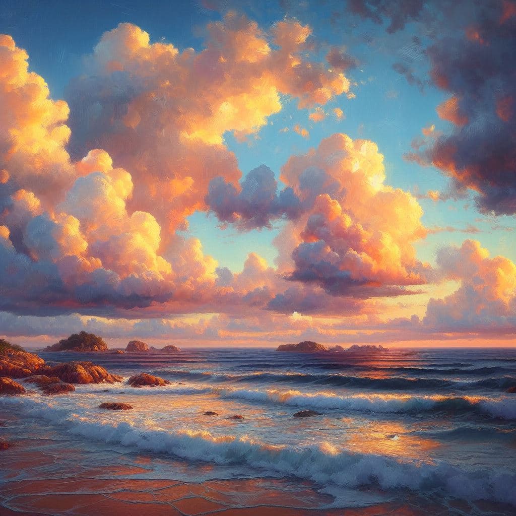 AI generated: A beach sunset view, clear sky, fluffy clouds,4k