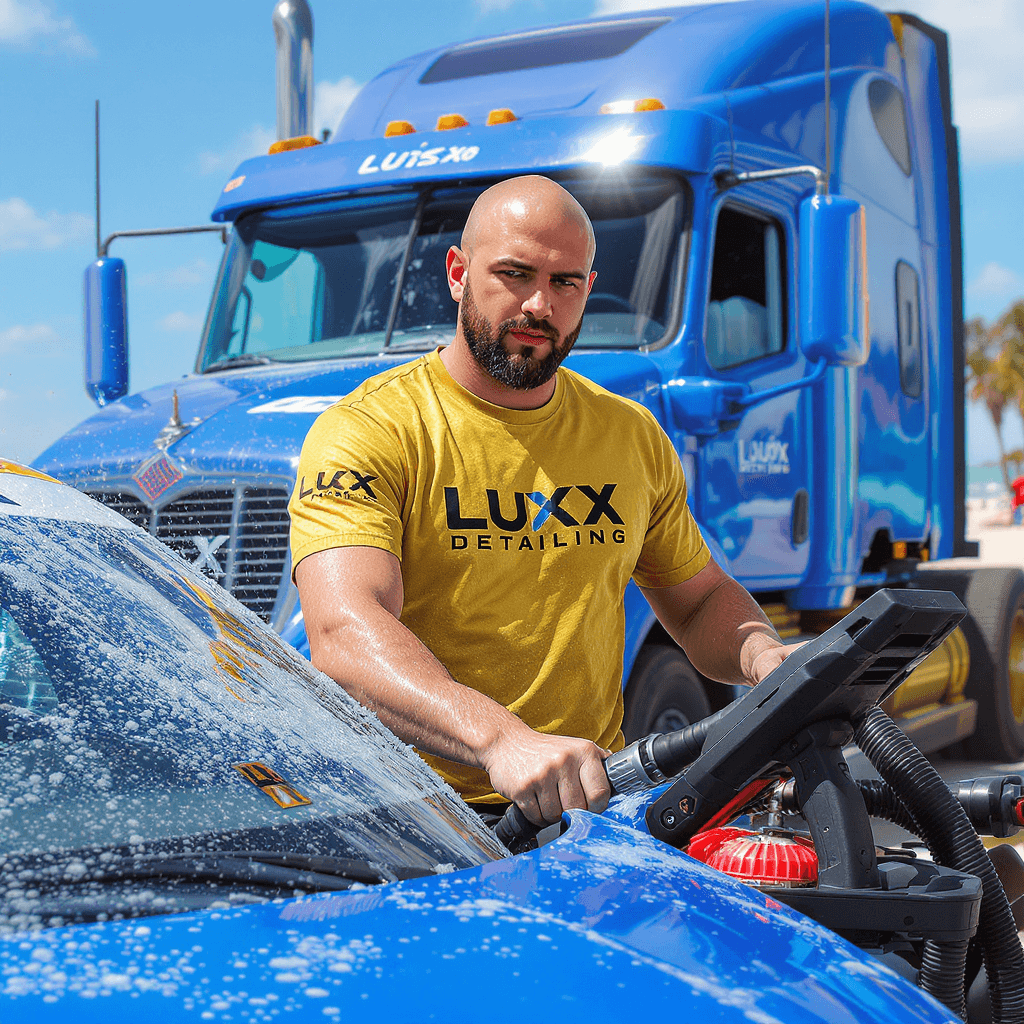 AI generated: 28 year old Serbian man, bald with short beard, in gold blue t-shirt, with "Lukx Detailing" black le...
