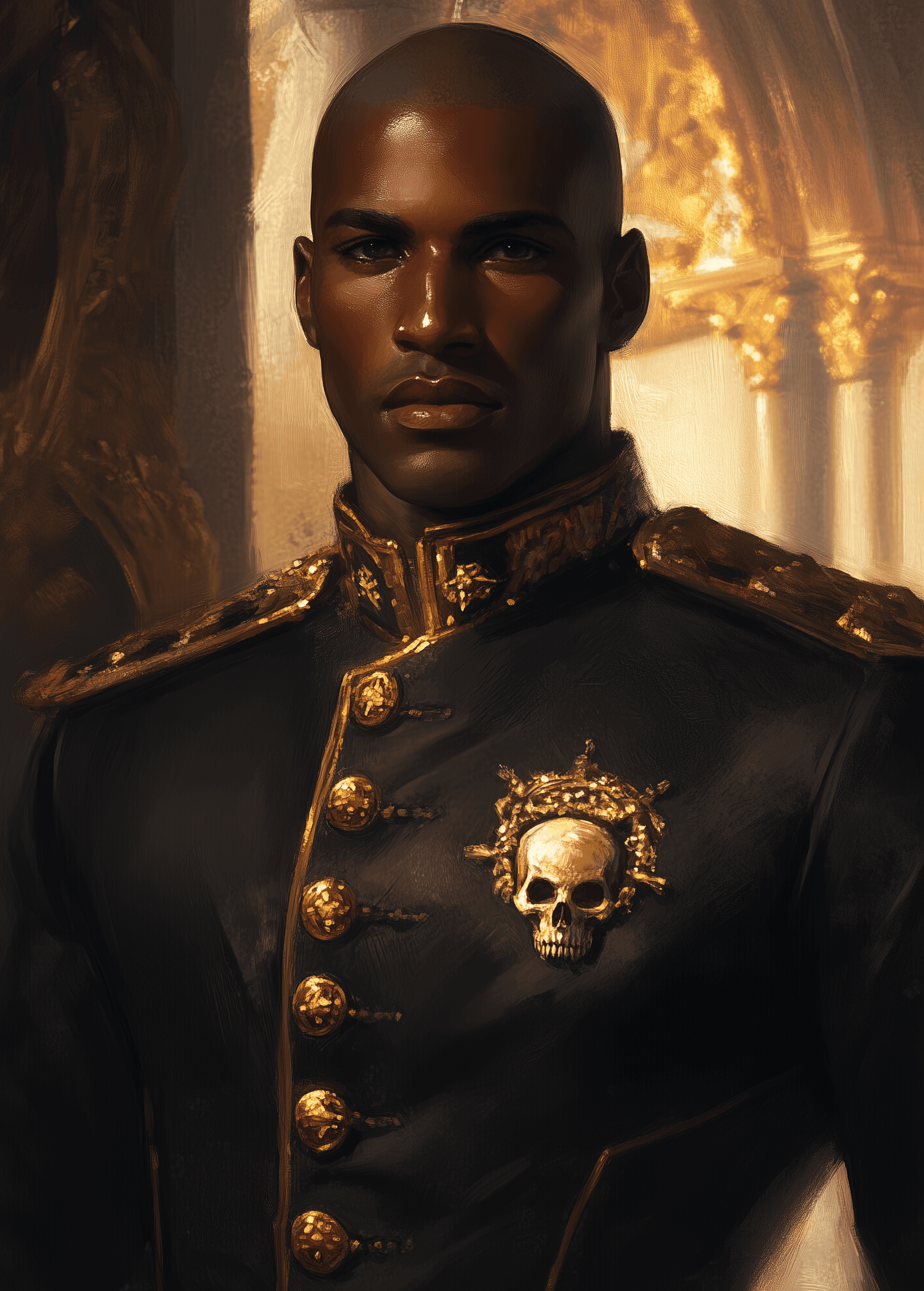 AI generated: A futuristic military officer with a bald head and black uniform stands in front of the grand stadiu...