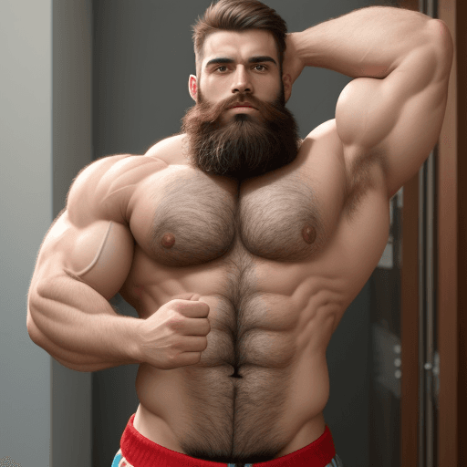 AI generated:  hot muscle male bearded bulge and hairy chest and flexing