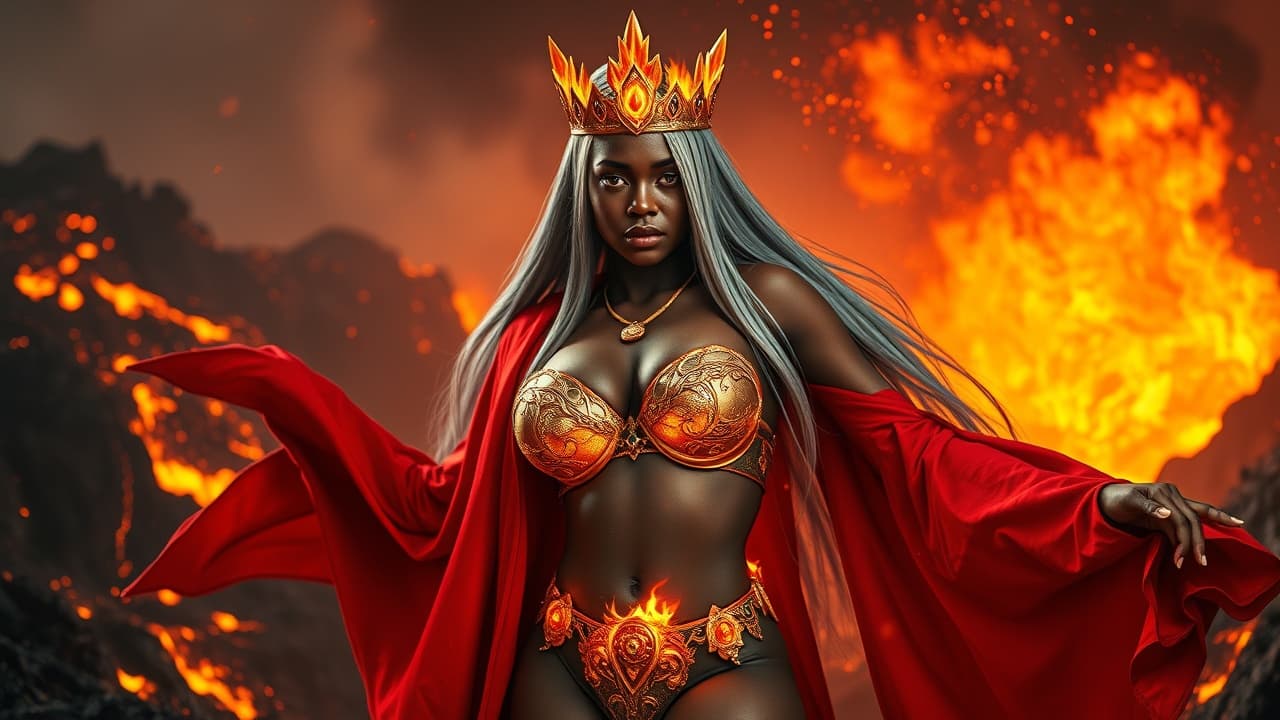 AI generated: Create a photorealistic image of an African American woman embodying the "Queen of Fire" character. ...