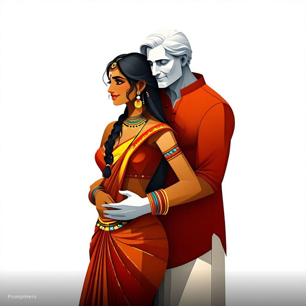 AI generated: Indian curvy brown getting hugged from behind by white man