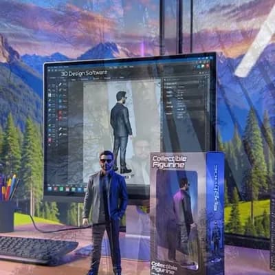 AI generated video: Transforming the photographed person into a realistic 3D figurine in front of a computer desk. The c...