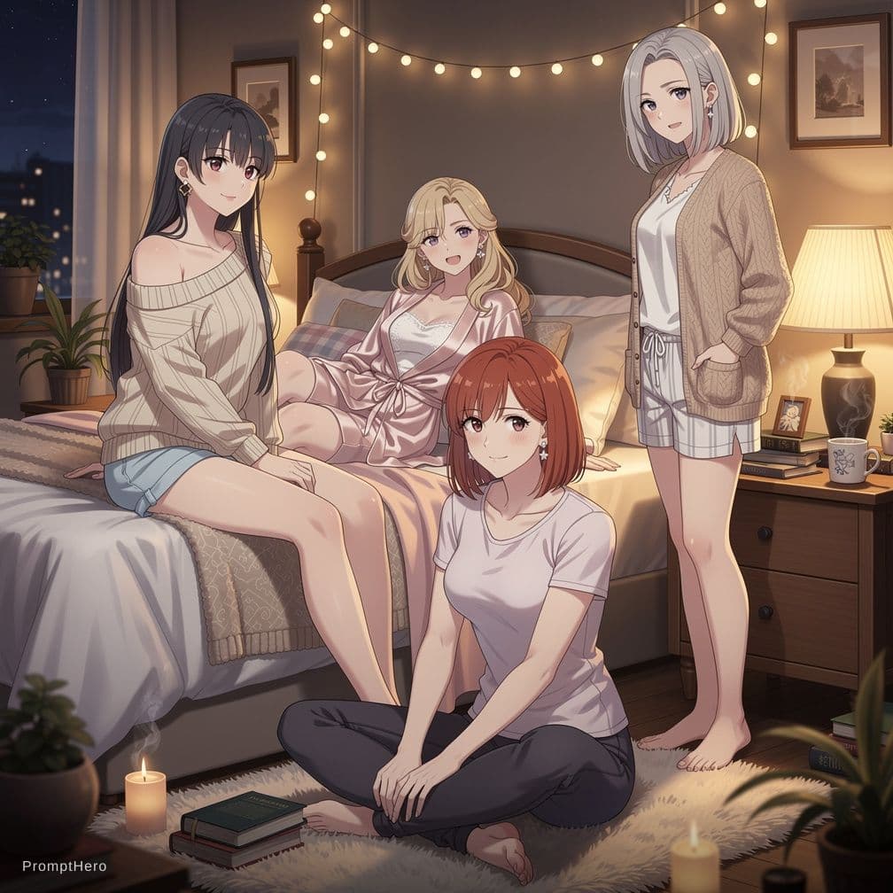 AI generated: 4 verry hot random anime milfs. Wearing sexy revealing clothes. Random cosy bedroom environment.