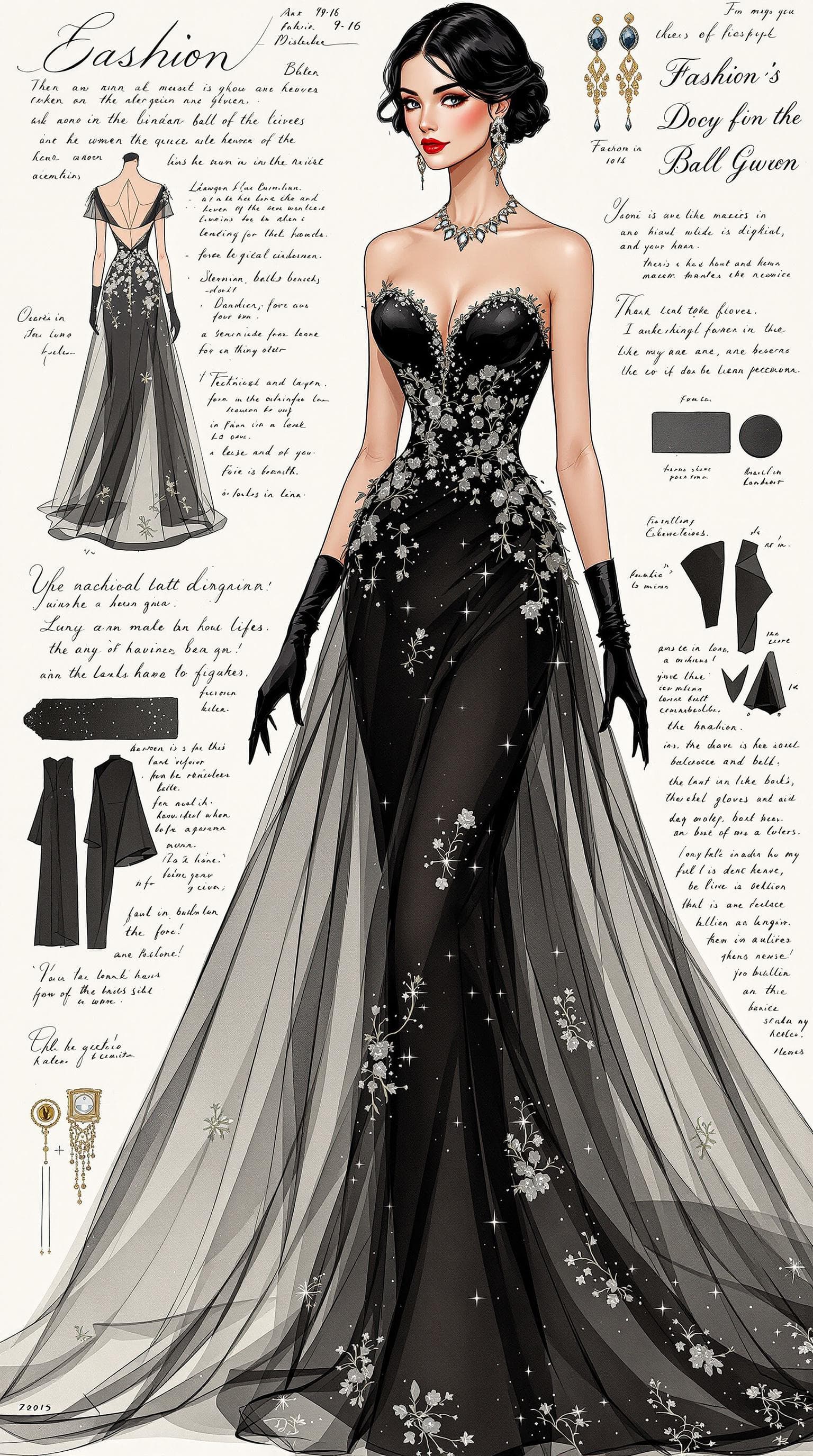 AI generated: A sophisticated fashion illustration of a graceful, elegant woman in a luxurious black evening ball ...