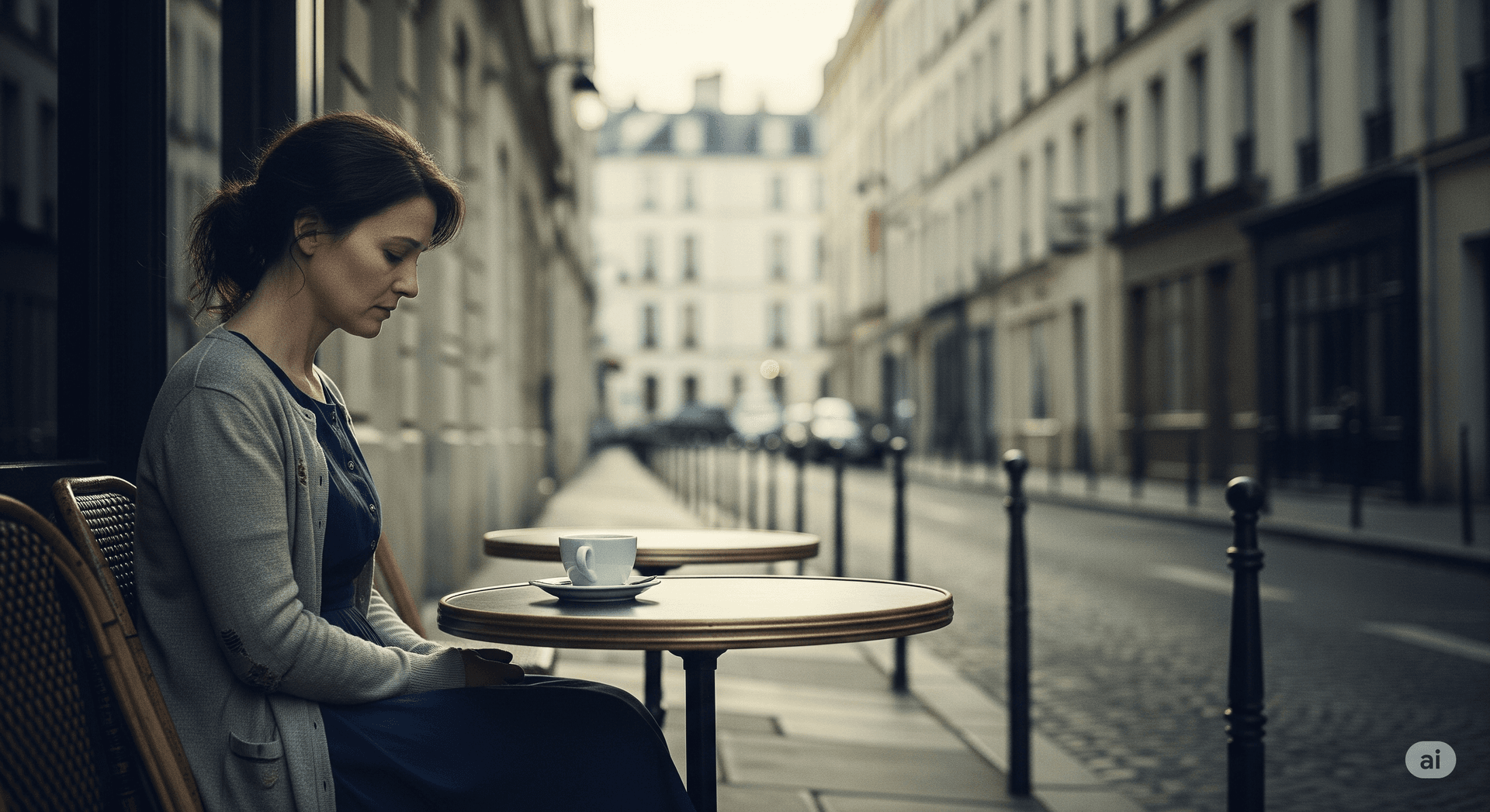 AI generated: Figurante triste in einem Pariser Cafe