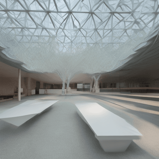 AI generated: the walls are whitebrick. there is a bench with a tree in the model. there are iridescent color chai...