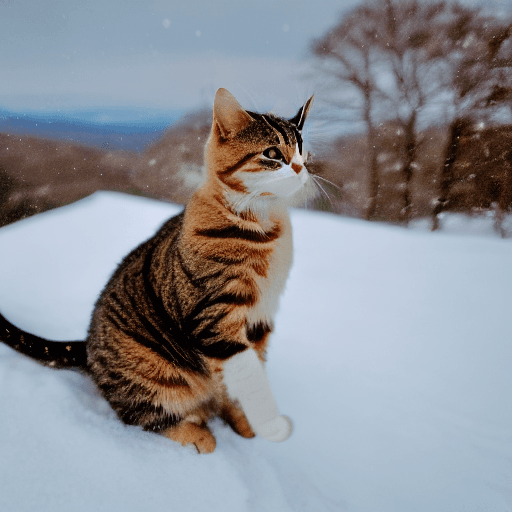 AI generated: cat on a mountain top with snow jumping on camera lens