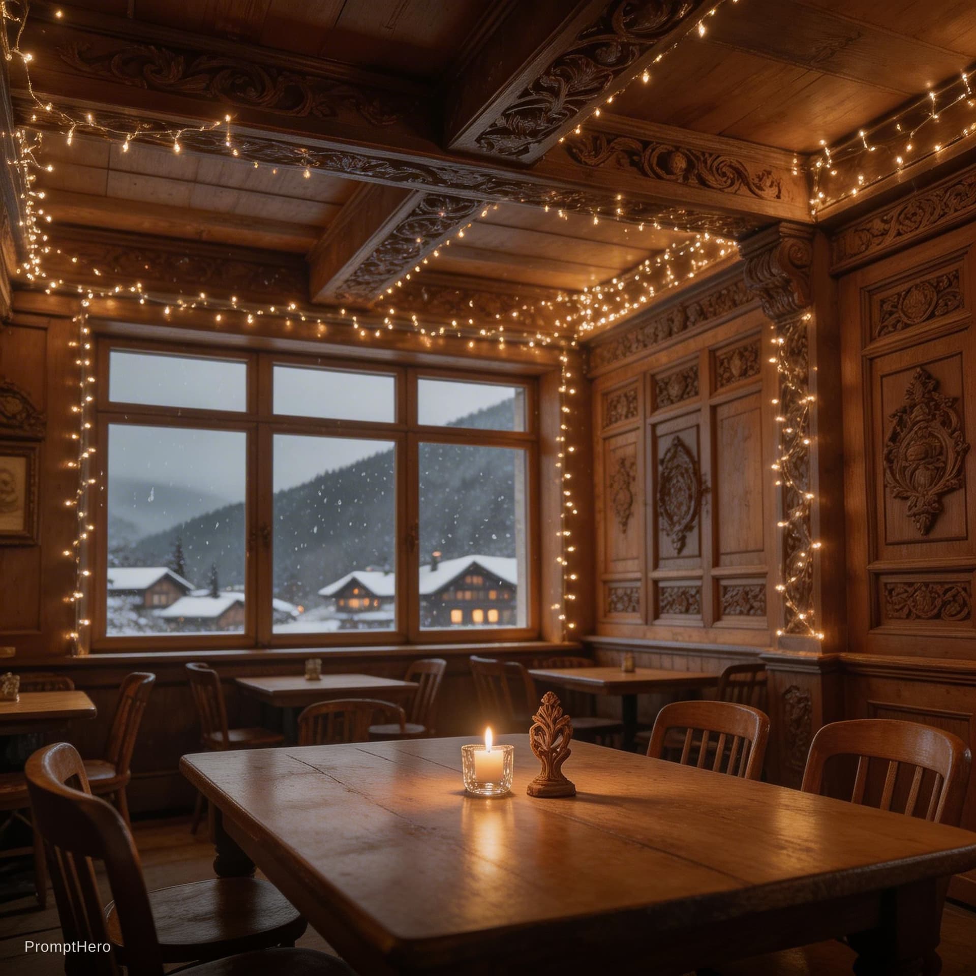 AI generated: Cinematic interior shot of a traditional, vintage European wooden coffee house in a Bavarian mountai...