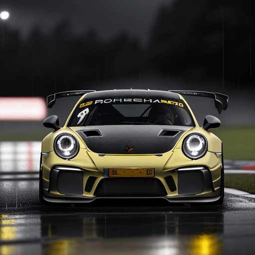 AI generated: a porsche rs gt3, running, rain, realist, u4, Nikon D6, AF-S NIKKOR 70-200mm f/2.8E FL ED VR, dark l...