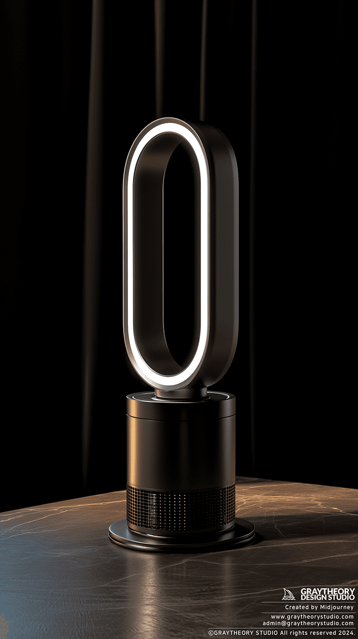 AI generated: photograph, productive view, Dyson air purifier, black chrome color, Sony A7R IV with a FE 50mm f/1....