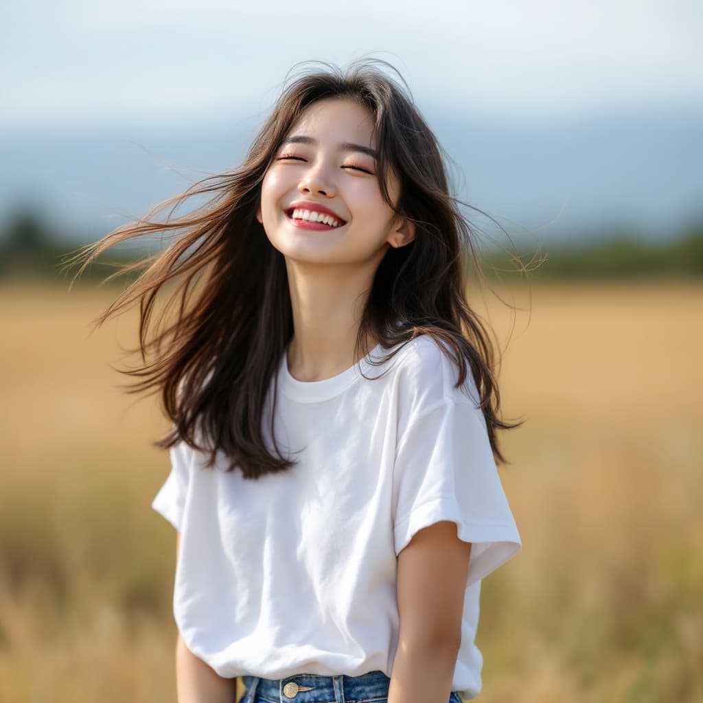 AI generated: Full body photo of an Asian girl, wearing a white short-sleeved top and denim shorts, smiling with h...