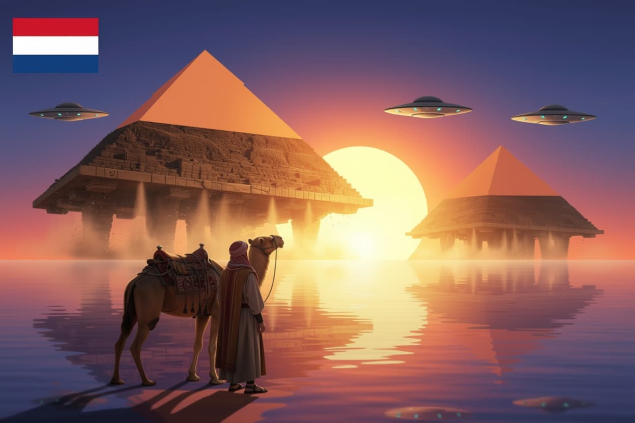AI generated: flag,dual_sided,horizontal_divide,upper_half,horizon,sunrise,orange pyramids rising in the air and f...
