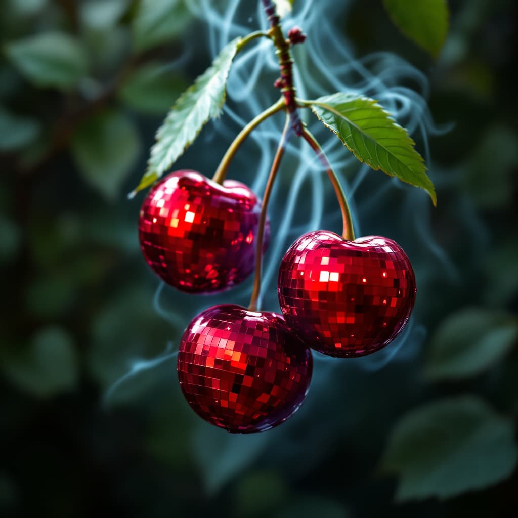 AI generated:  metal 2 red disco ball cherries on a connecting steam with leafs