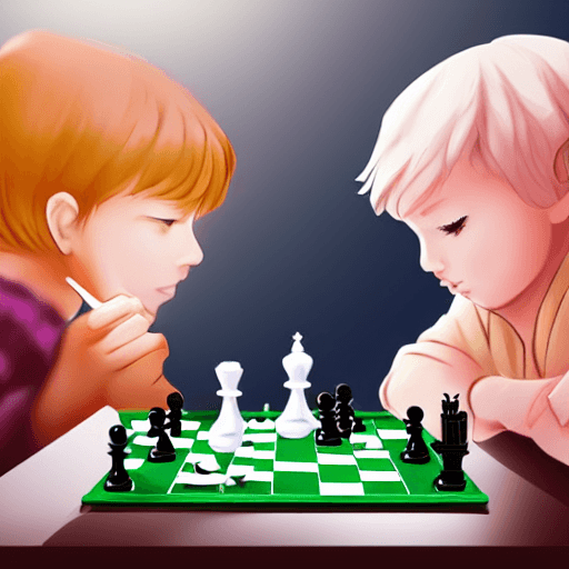 AI generated: two beautiful childs playing chess at a table, slight smile, asymmetrical face, Trending on pixiv, F...