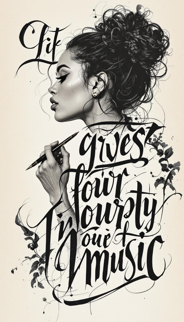 AI generated: Calligraphic Typography, Expressive Letters, Bold Text, Powerful, Woman Holding a Pen Writing, Deter...
