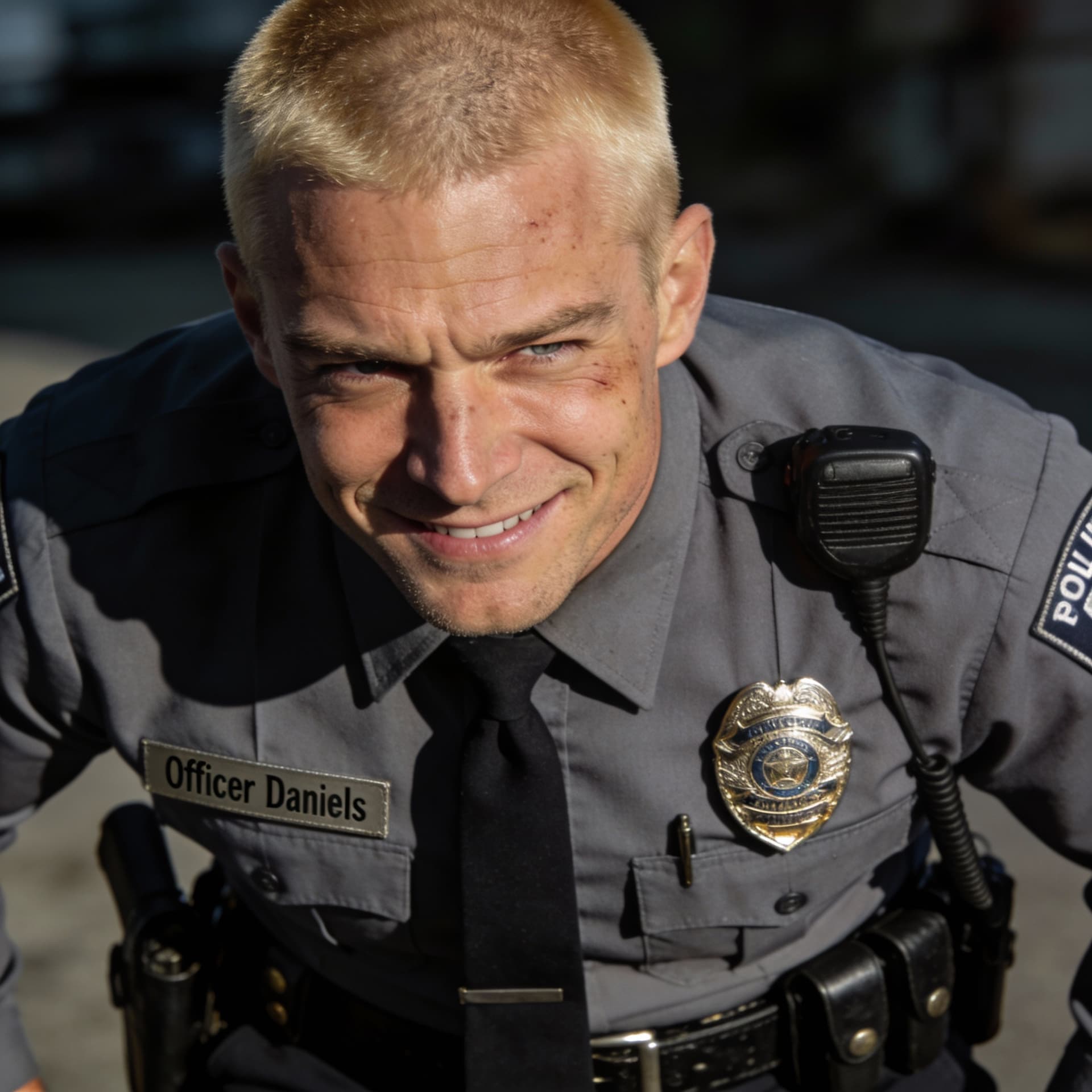 AI generated: Ultra realistic cinematic portrait of white male police officer, mid 30s, arrogant expression, short...