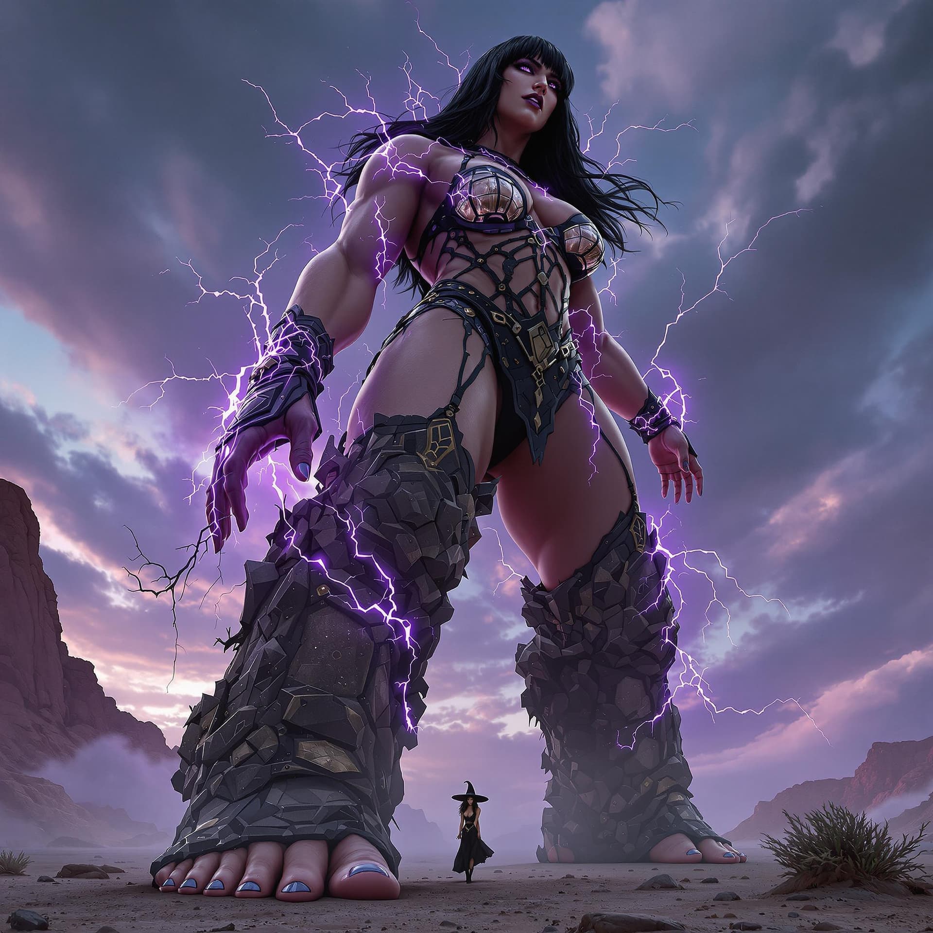 AI generated: enormous giantess female Rhea Ripley from WWE with black medium length hair and straight bangs, bigg...