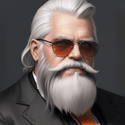 AI generated: oil portrait of mature man with white beard and hair painted with shades of gray and orange in an ex...