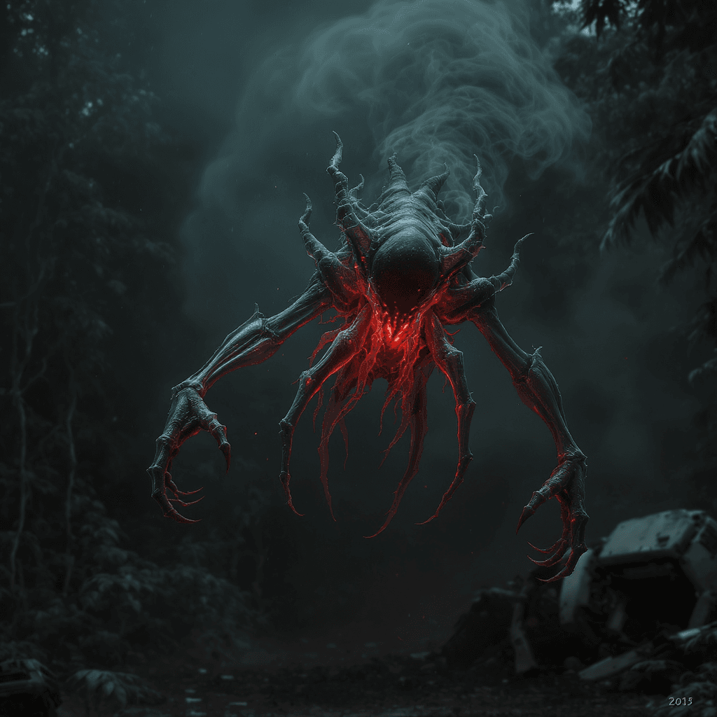 AI generated: Render a hyper-realistic, terrifying alien parasite floating mid-air. Its body is semi-transparent, ...