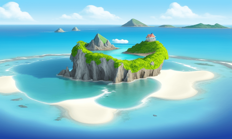 AI generated: view of happy cartoon-like island with ocean. can see mainland in the background