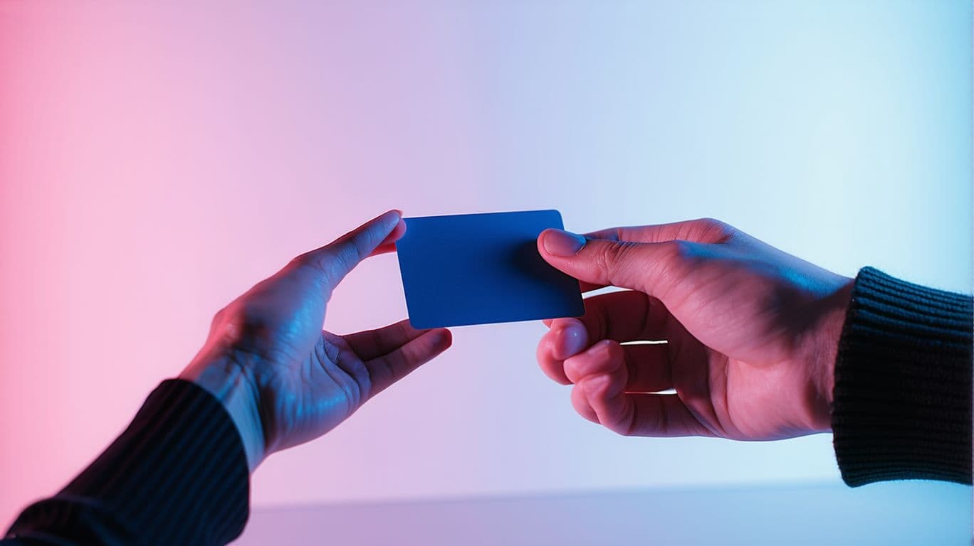 AI generated: A futuristic scence of someone handing a OLED CARD to another person. The card should be the main fo...