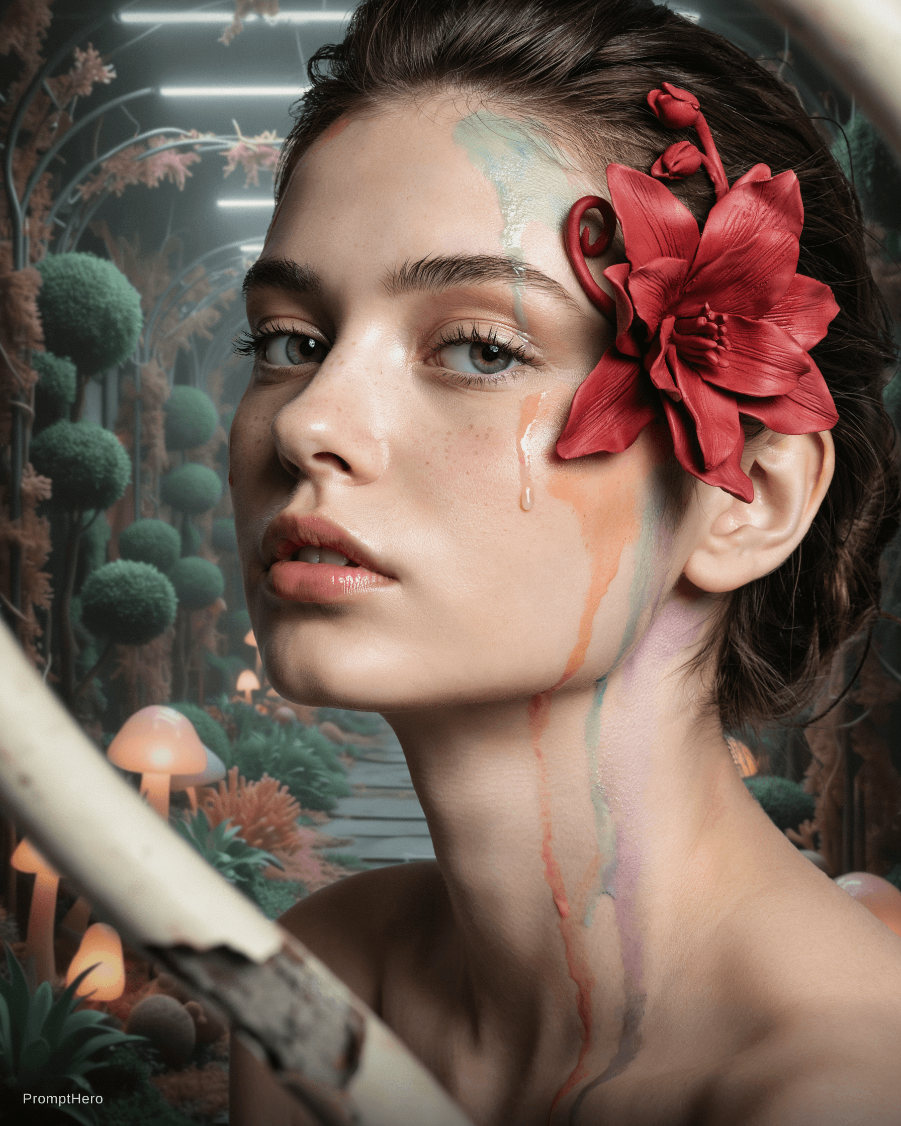 AI generated: editorial photoshoot of a woman's face in a pastel dream , colors flowing from her face wild fashion...