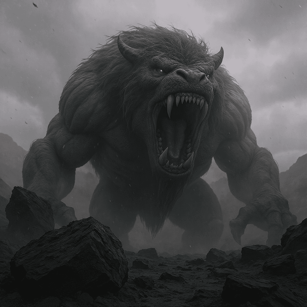 AI generated: "A massive Cyclops roaring from behind volcanic rocks"
