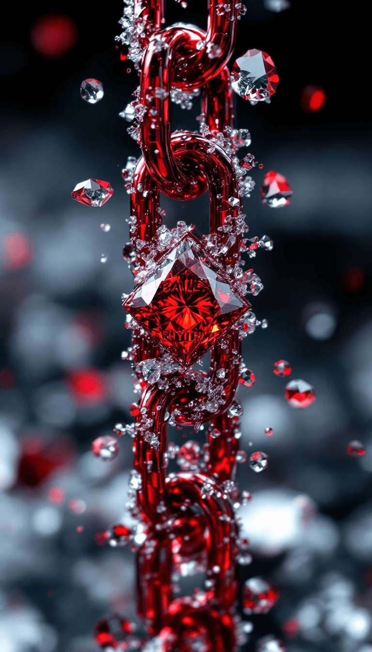 AI generated: big diamond ice out cuba chain. On the Chain is a red diamond and the text: "BAILE RHYTHM" in a abst...