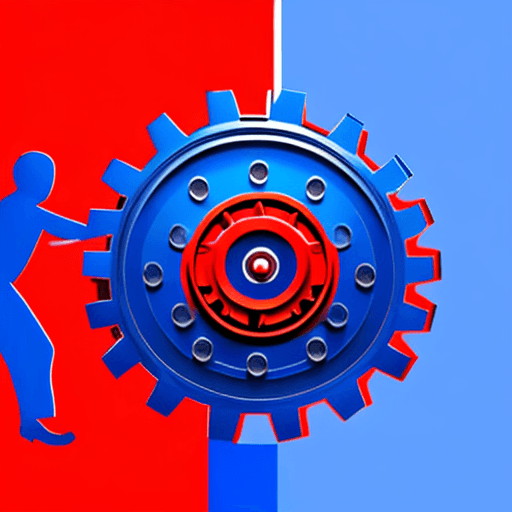 AI generated: Hyperrealistic logo, blue and red contrast color, the figure of a man moving a gear.