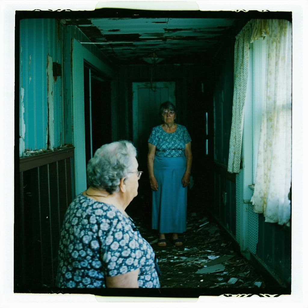 AI generated: grainy 80's photograph quality polaroid really creepy old people caught in an abandoned house, dark,...