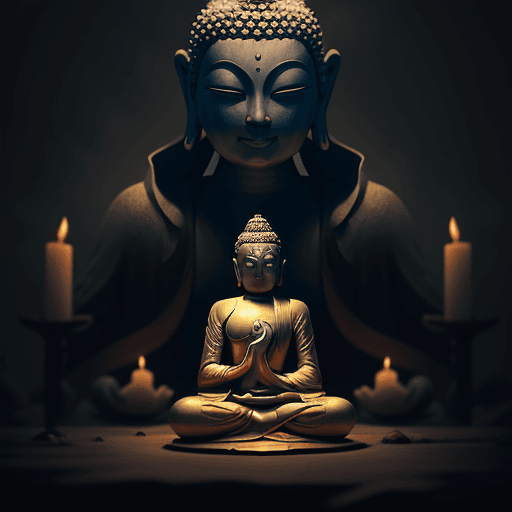 AI generated: A robed buddha meditates in a lotus pose in a fantasy art piece by Fang Congyi. The scene is envelop...