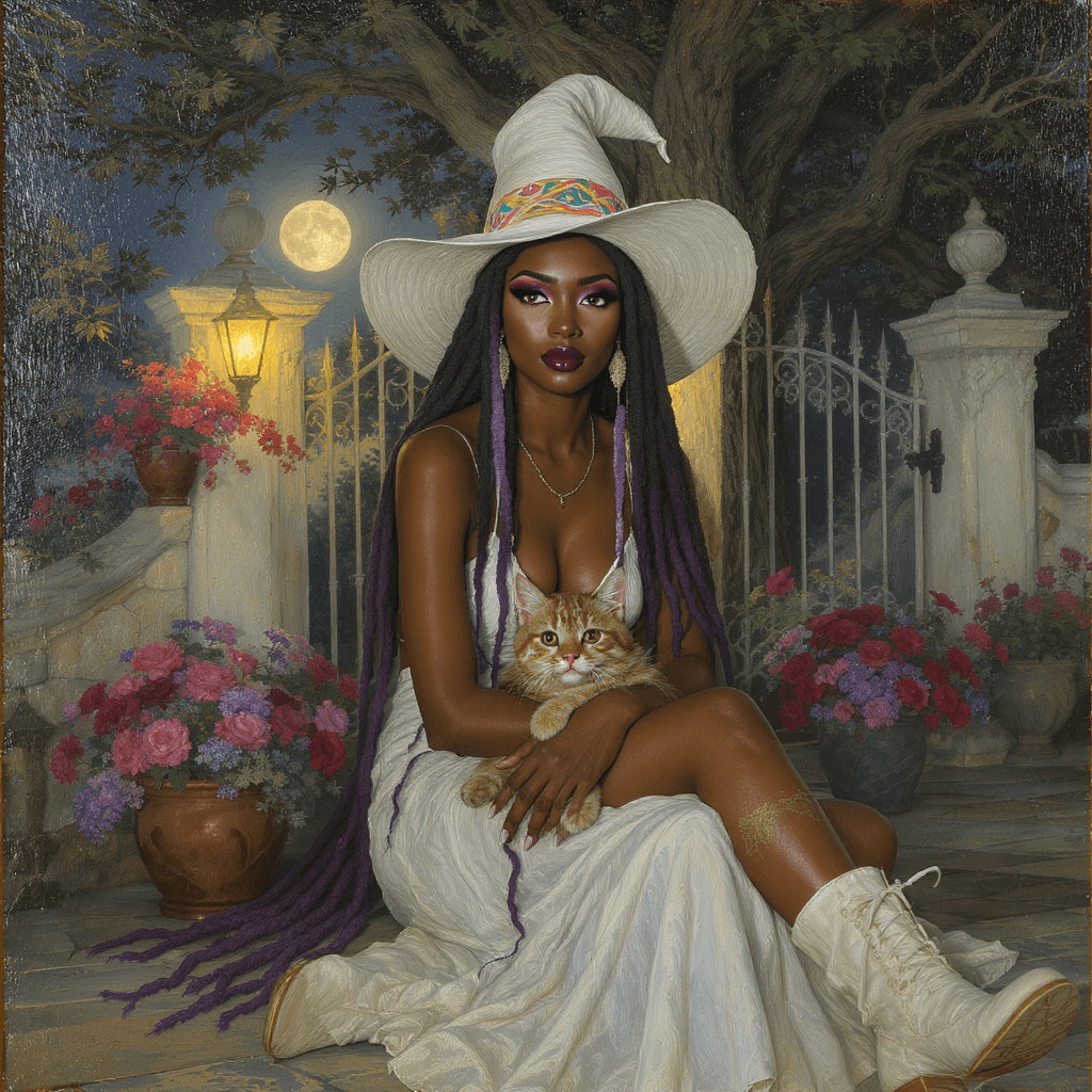 AI generated: REALISTIC, OIL PAINTING, Beautiful summer boho Luis Royo style Afro American witch, summer white dre...