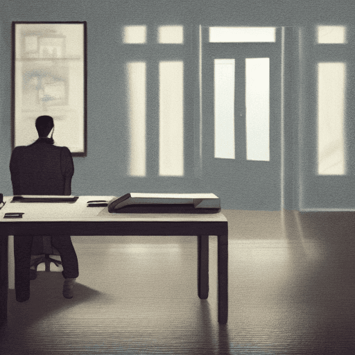 AI generated: Photo taken from the entrance in the doorway to a dimly lit room where an isolated, lonely, sad man ...