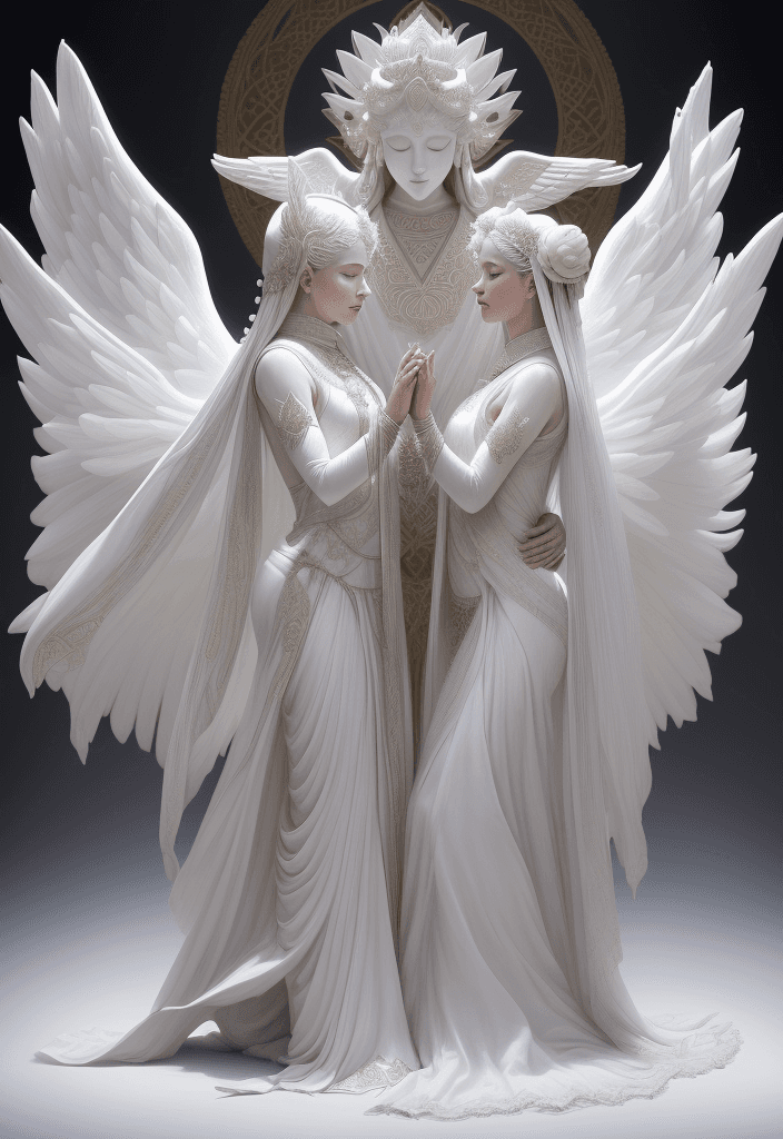 AI generated: the actors are dressed in white suits and are dancing with a lotus, angel, in the style of cinematic...
