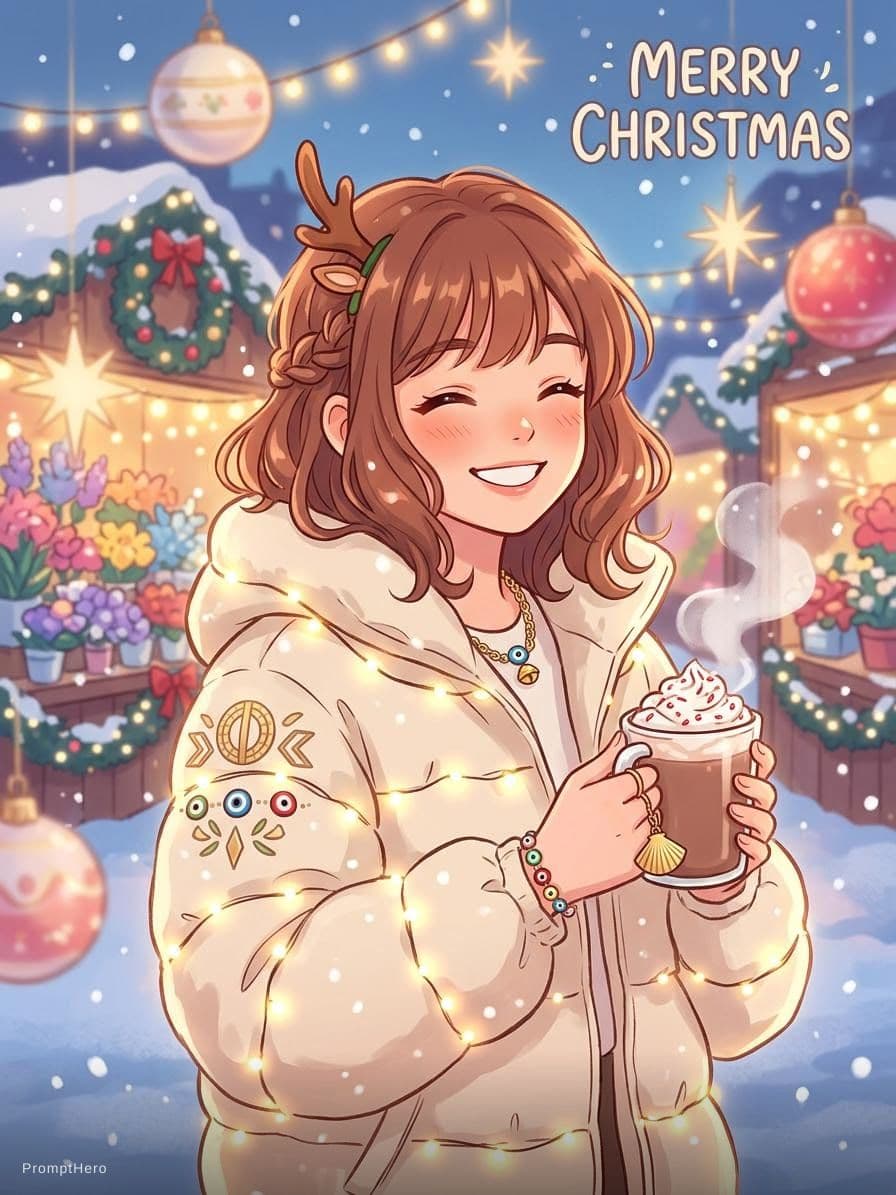 AI generated: <niji-se-flowers>, 1girl, down jacket, christmas