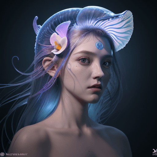 AI generated: Goddess close-up portrait ribcagel. jellyfish phoenix head, nautilus, orchid, skull, betta fish, bio...