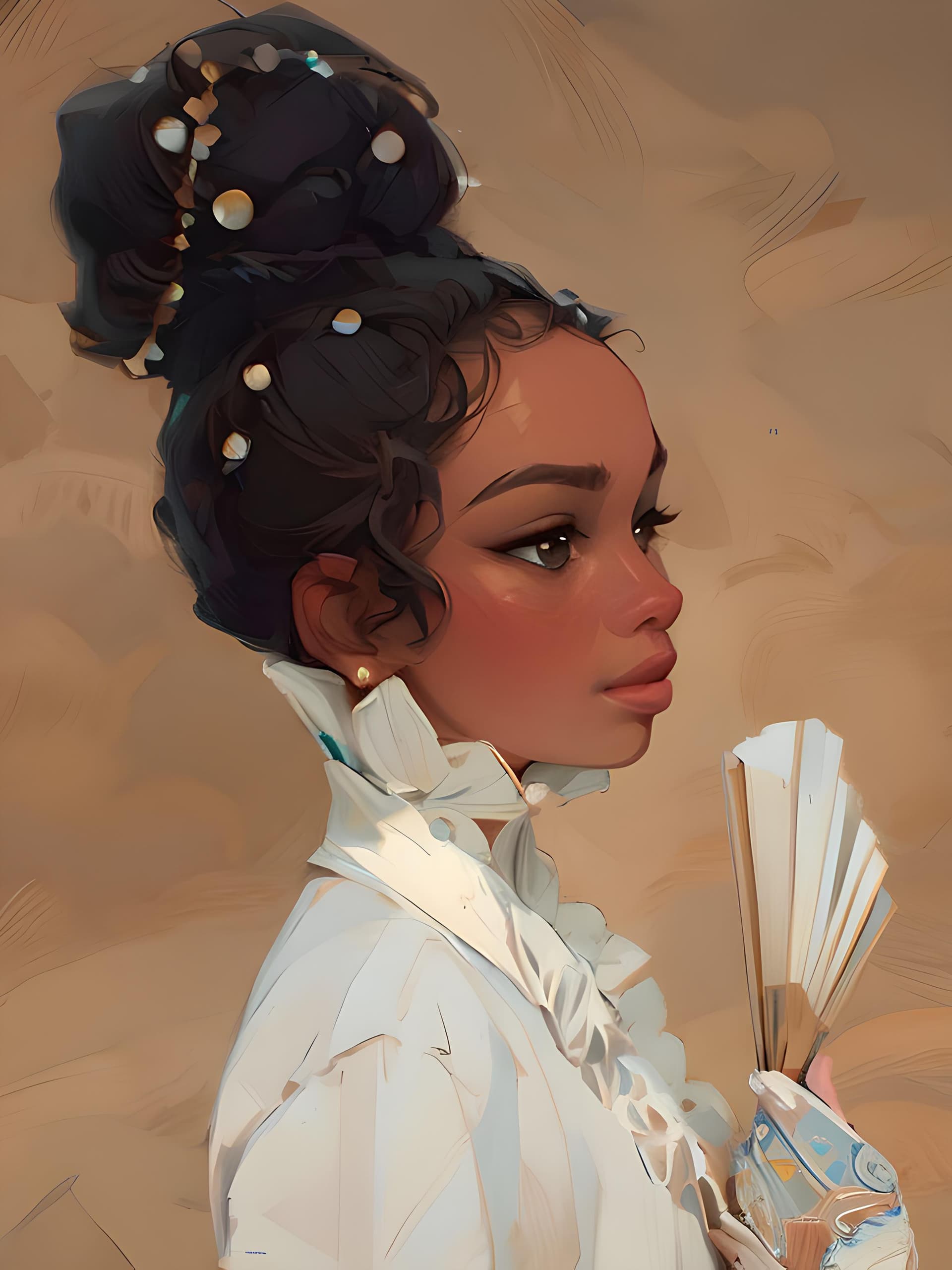 AI generated: a painting of a woman holding a fan, inspired by Ross Tran, afrofuturism, girl with a pearl earringl...