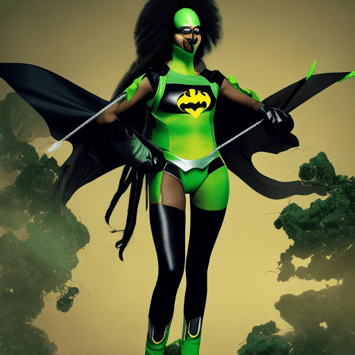 AI generated: 
Tall black woman in a green jade super hero suit, wit yellow gloves and boots, in a green ski mask ...