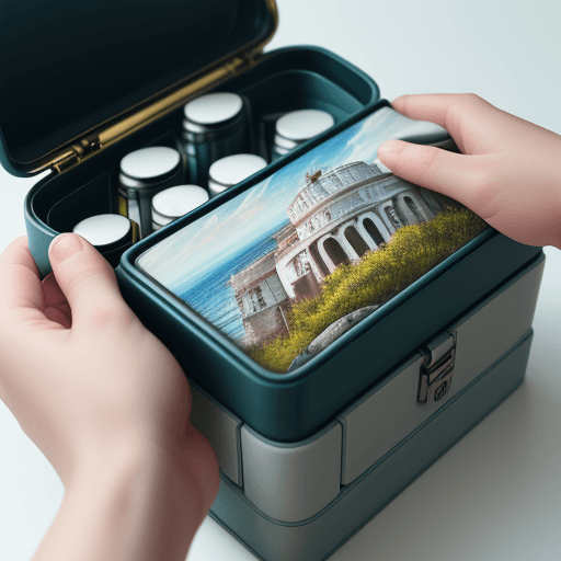 AI generated: close-up photograph of a pill box with every day of the week and one person hand touching it and the...