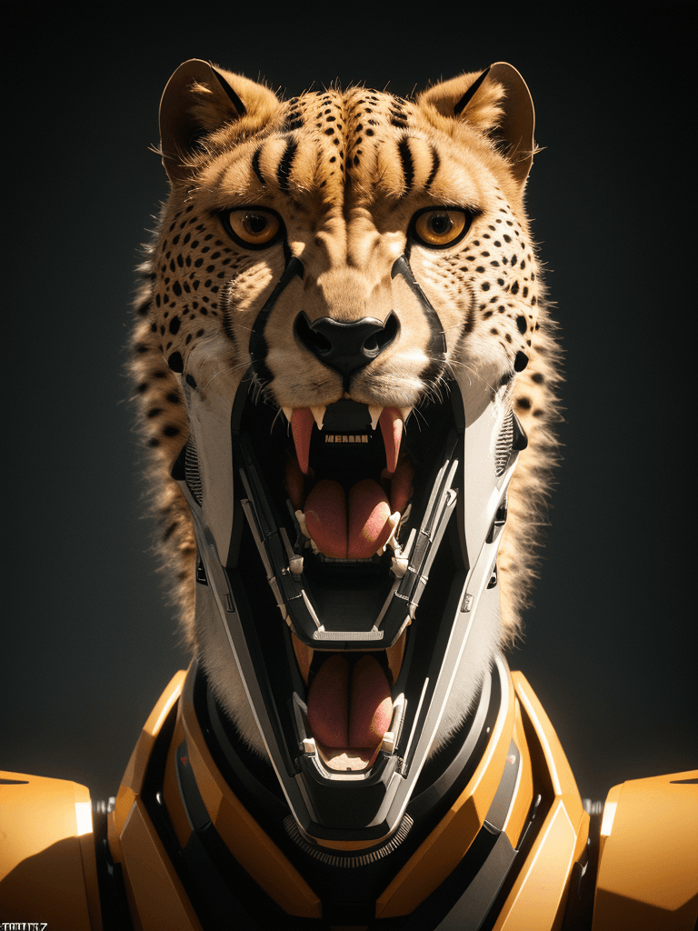 AI generated: Photo of a robotic cheetah, dramatic light, night time, cinematic lighting, battered, high angle, tr...