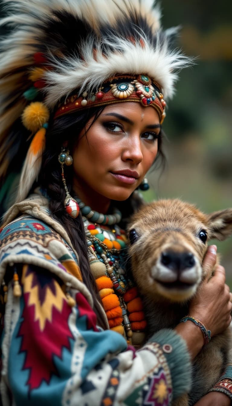 AI generated: a native american indian woman, with very
colorful clothes, and wild 4k.
holding in her arms a baby ...