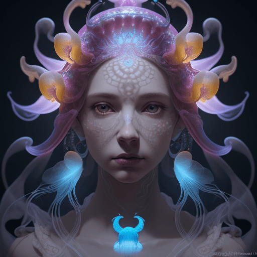 AI generated: Goddess close-up portrait ribcagel. jellyfish phoenix head, nautilus, orchid, skull, betta fish, bio...