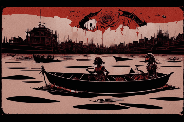 AI generated: A rose in a boat, floating through hell, in the style of Derek Gores and Quentin Blake, bold black l...