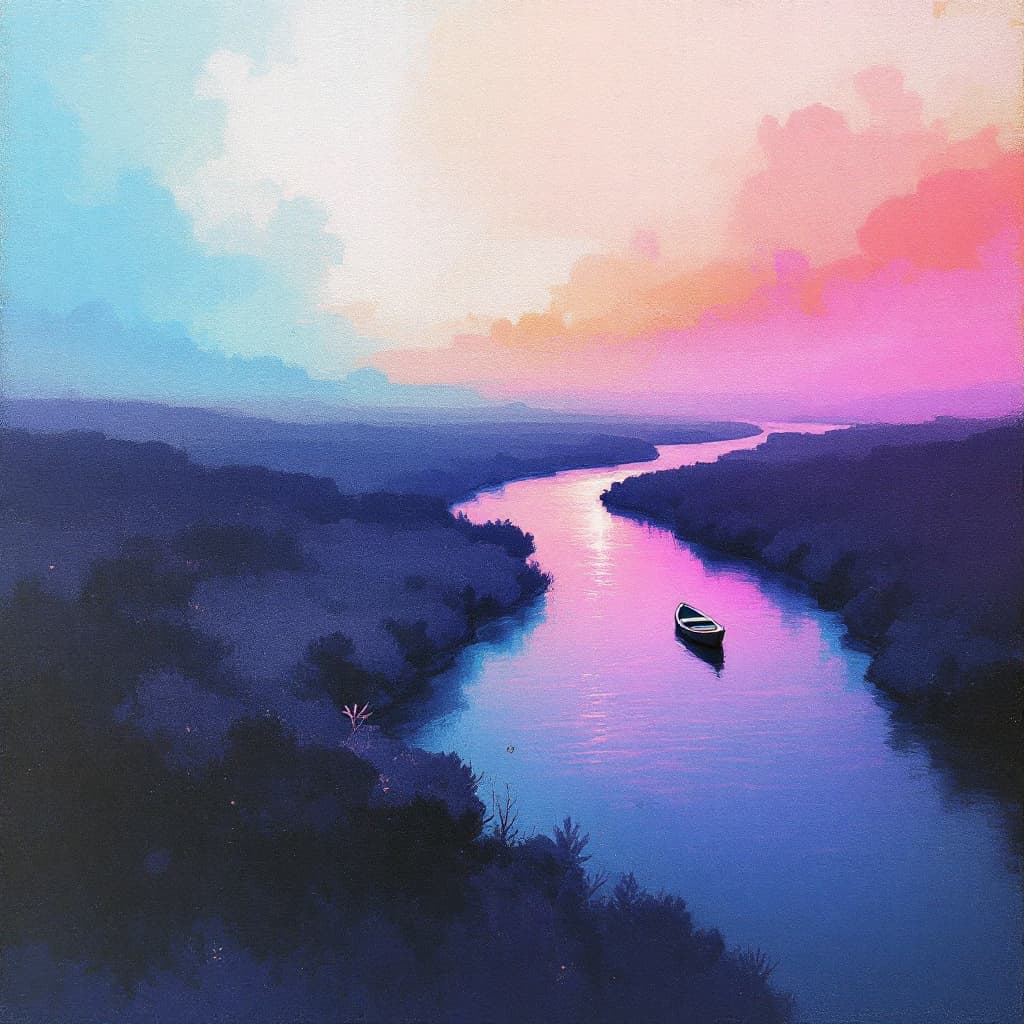 AI generated: Delicate little boat on a meandering river, cinematic gradient from various blues, purples to pink h...