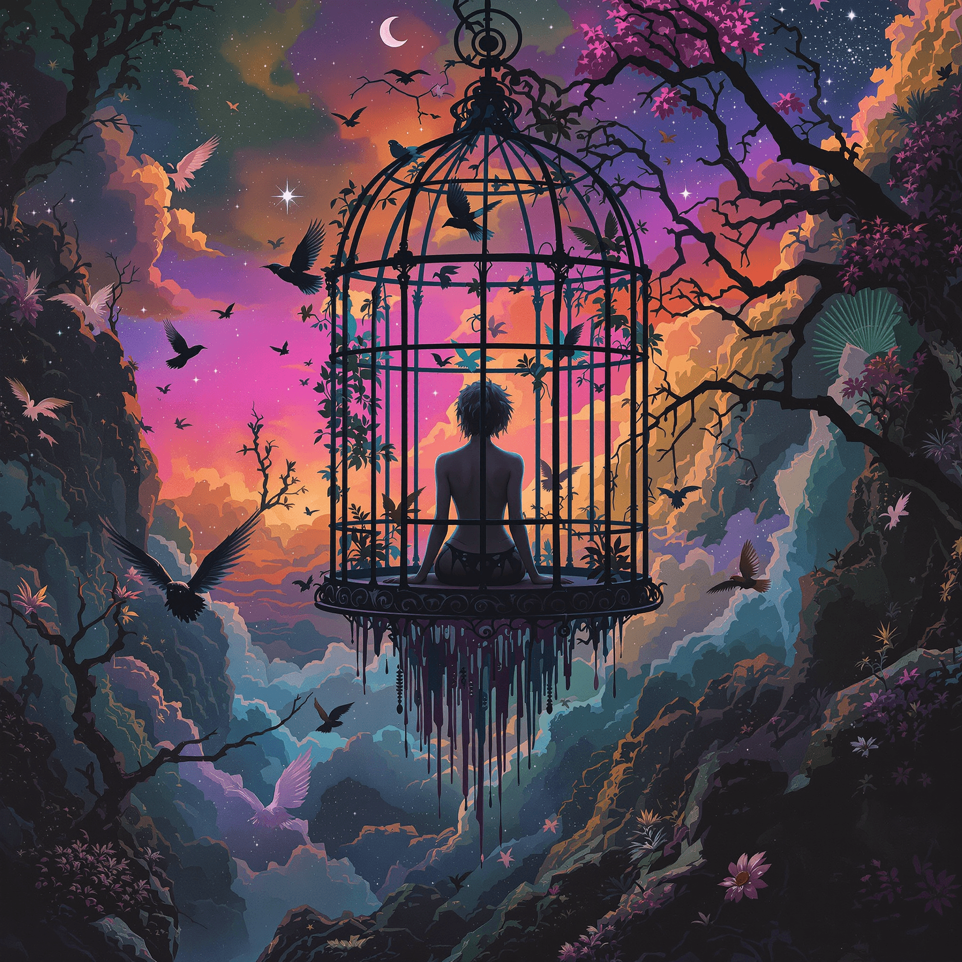 AI generated: She's like a bird in a cage with no place to fly, dystopian 