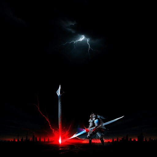 AI generated: A knight destroying an entire city with his sword while the sky is tearing, slams his big sword into...