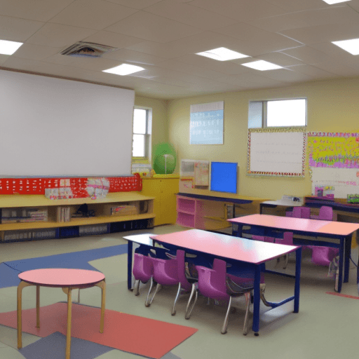 AI generated: School Classroom for 25 girls ages 9-12, modern, spacious, well-lit, student tables and chairs, whit...