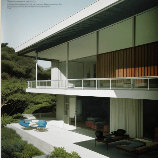 AI generated: Hyper realistic eye level exterior photo of a mid century modern style house overlooking the ocean, ...